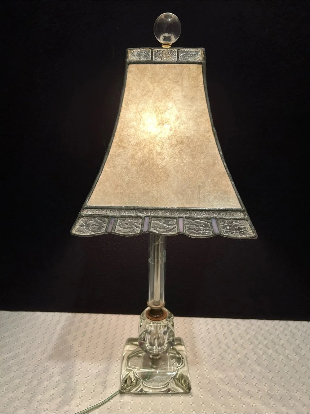 Vintage Glass Base Table Lamp with White Stained-Glass Shade Etched Glass Shaft